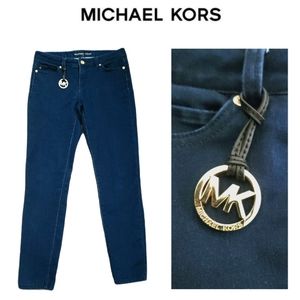 Michael Kors Mid Rise Skinny Jeans w/Metal/Leather MK Charm, Darkwash, Size: 4